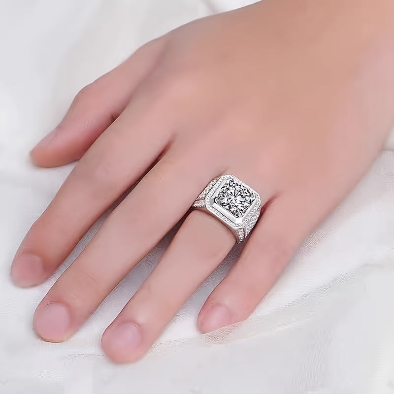 1 Carat Moissanite Engagement Ring for Men, Elegant 925 Silvery Plated Faux Diamond Band, Hip Hop Style, Single Ring Jewelry